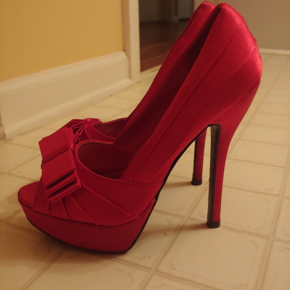 SOLD | Red satin platform heels